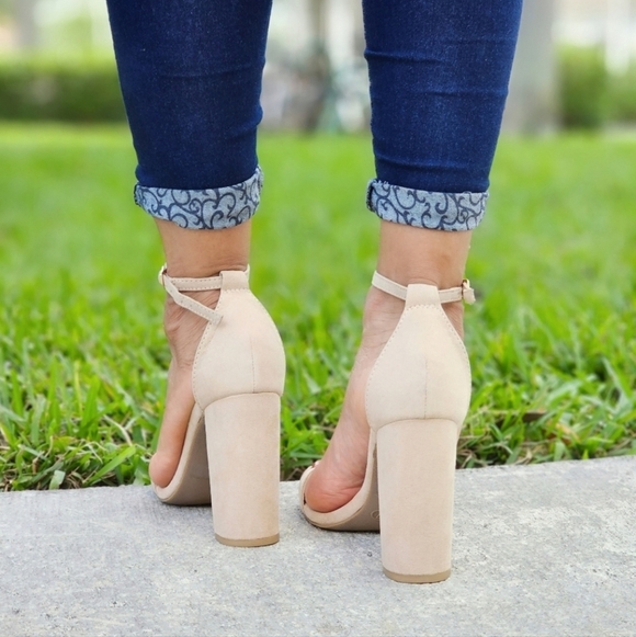 Beige Suede Ankle Strap Block Heel Dress Sandals - Picture 3 of 6